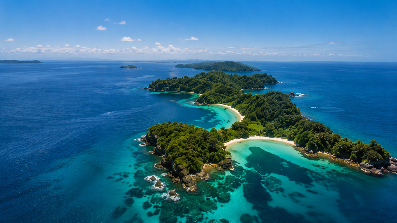 Aerial-style view of turquoise water and forested islands inspired by Coiba National Park