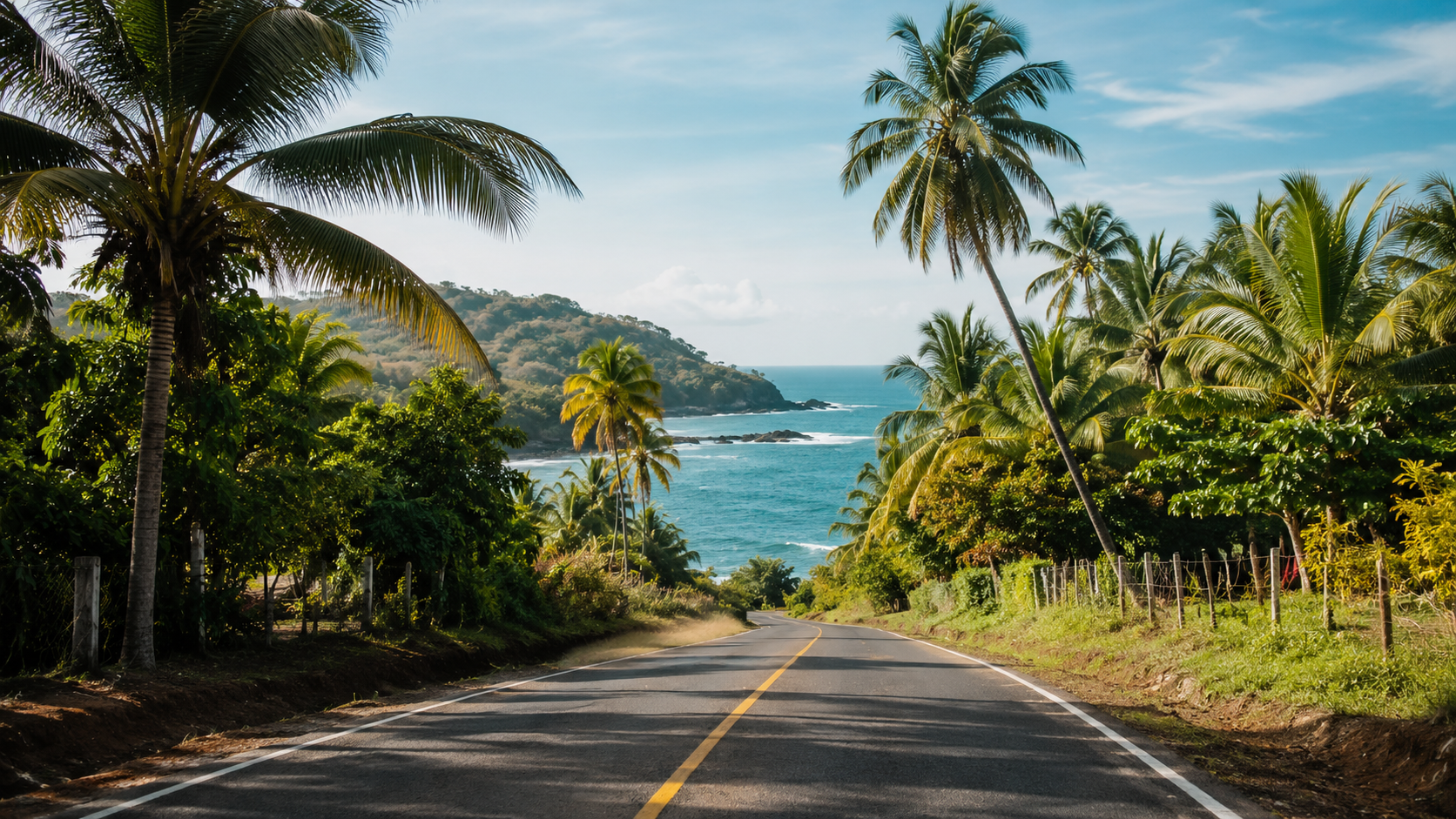 Palm-lined road descending toward the Pacific coast in a Santa Catalina travel visual