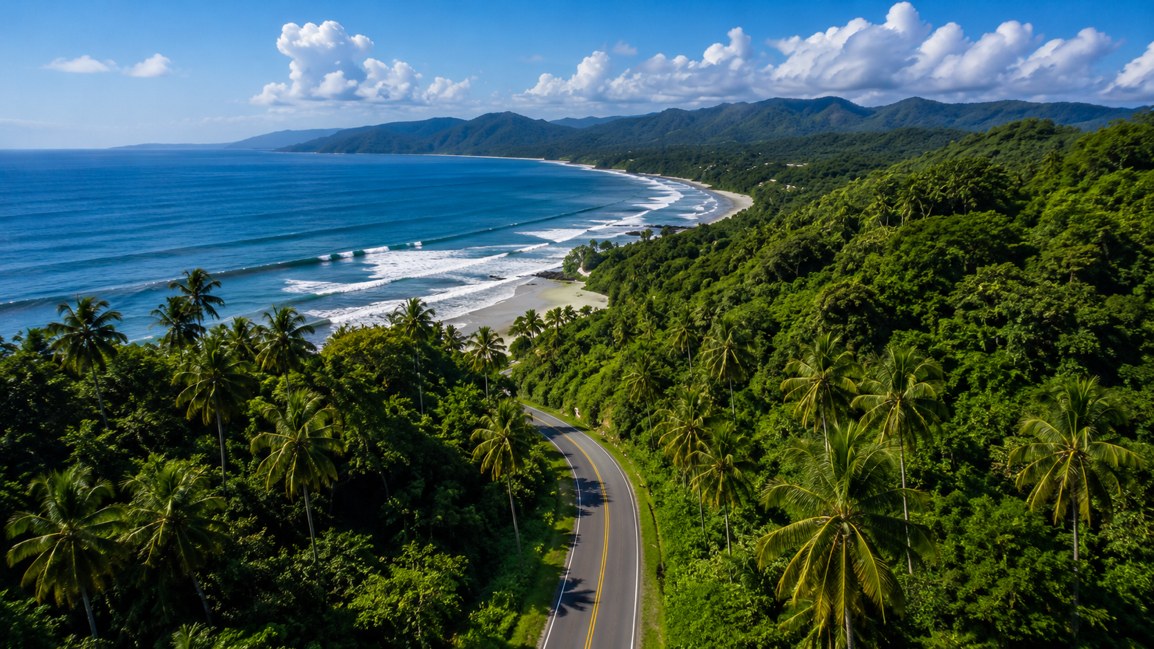 Coastal road through tropical hills in a Santa Catalina, Panama inspired travel visual