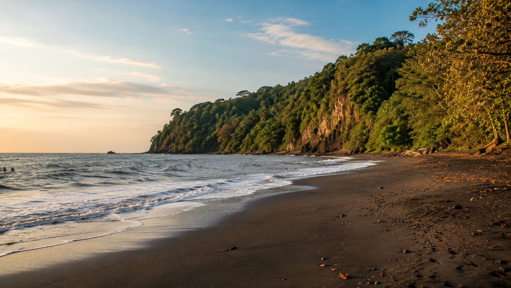 Black sand Pacific beach with tropical forest and warm light in a Santa Catalina inspired visual