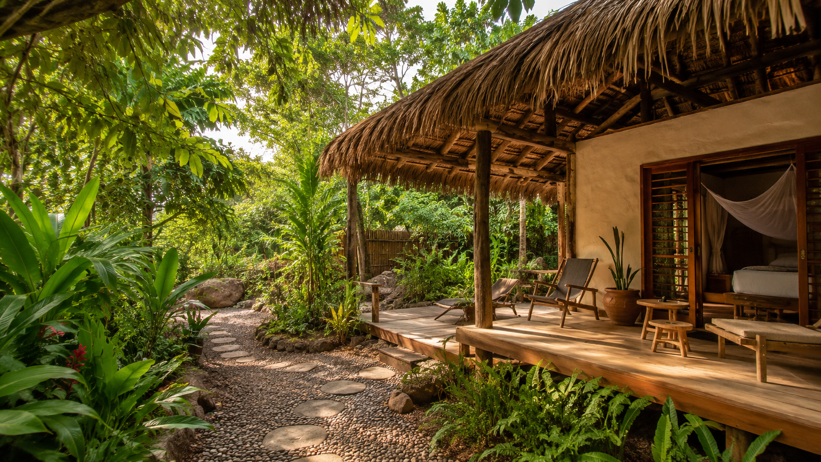 Small jungle eco lodge with tropical garden in a Santa Catalina inspired accommodation visual