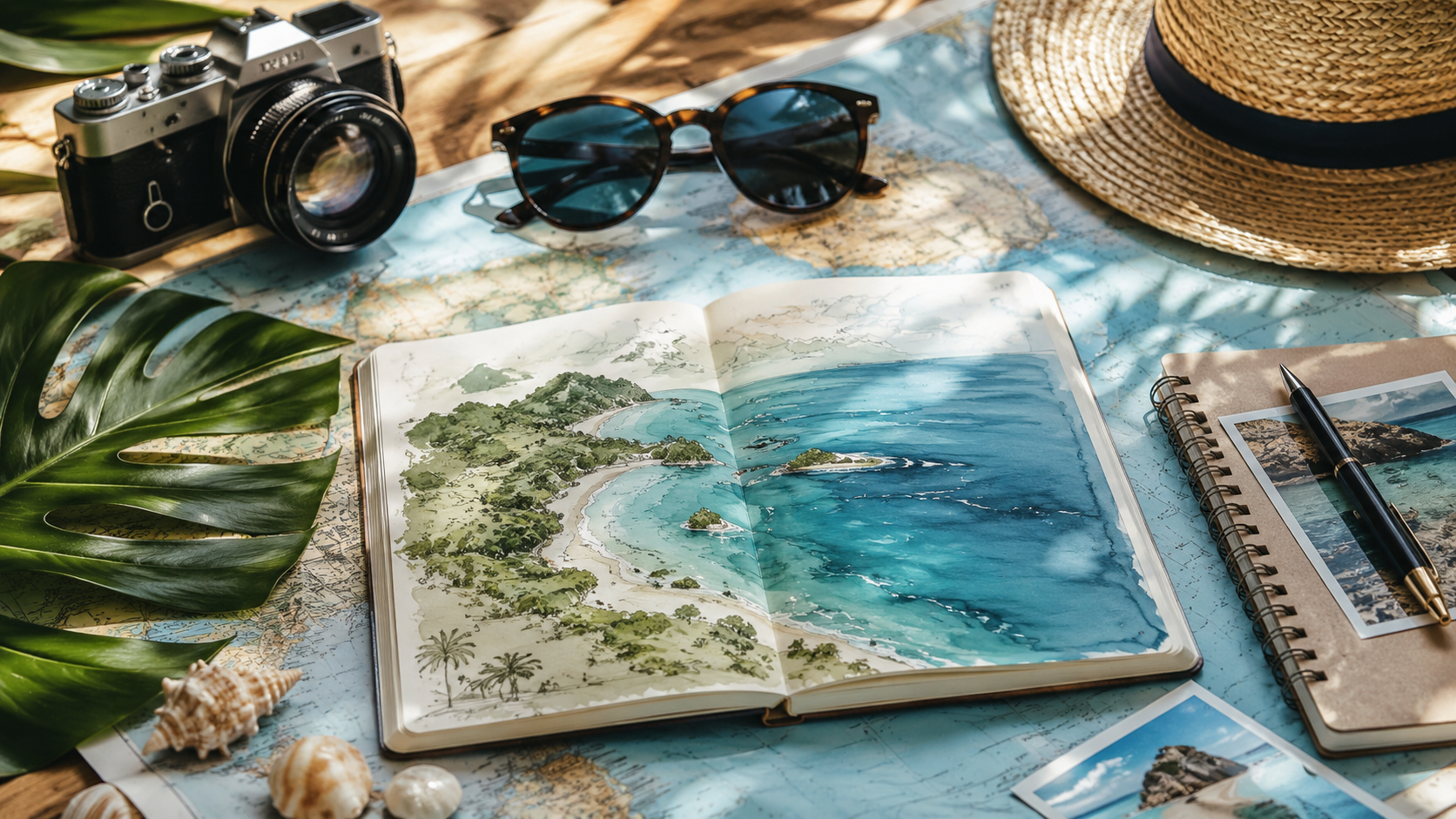 Editorial travel planning flat lay with map, notebook and tropical details for a Santa Catalina itinerary