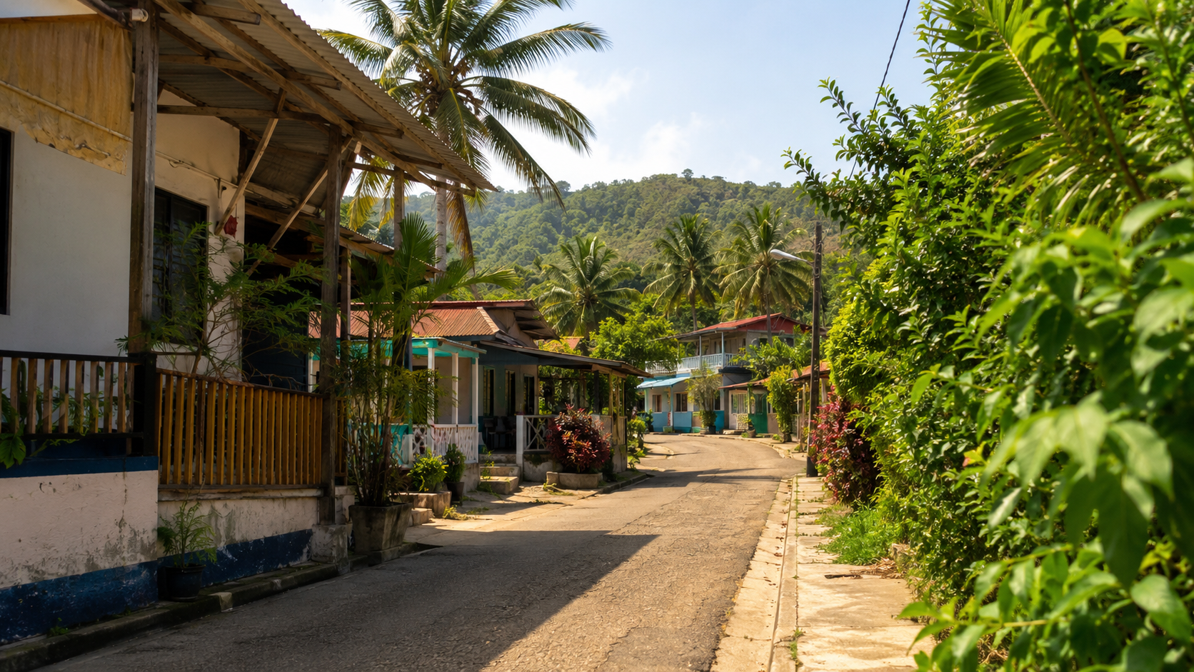 Quiet village street with tropical hills in a Santa Catalina, Panama inspired travel visual